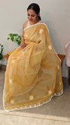 Yellow net kota saree with crochet work