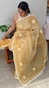 Yellow net kota saree with crochet work