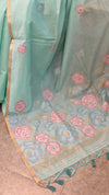 Teal green linen chanderi jamdani saree