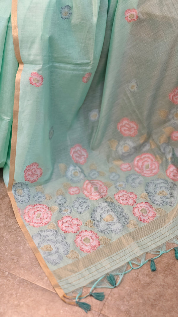 Teal green linen chanderi jamdani saree