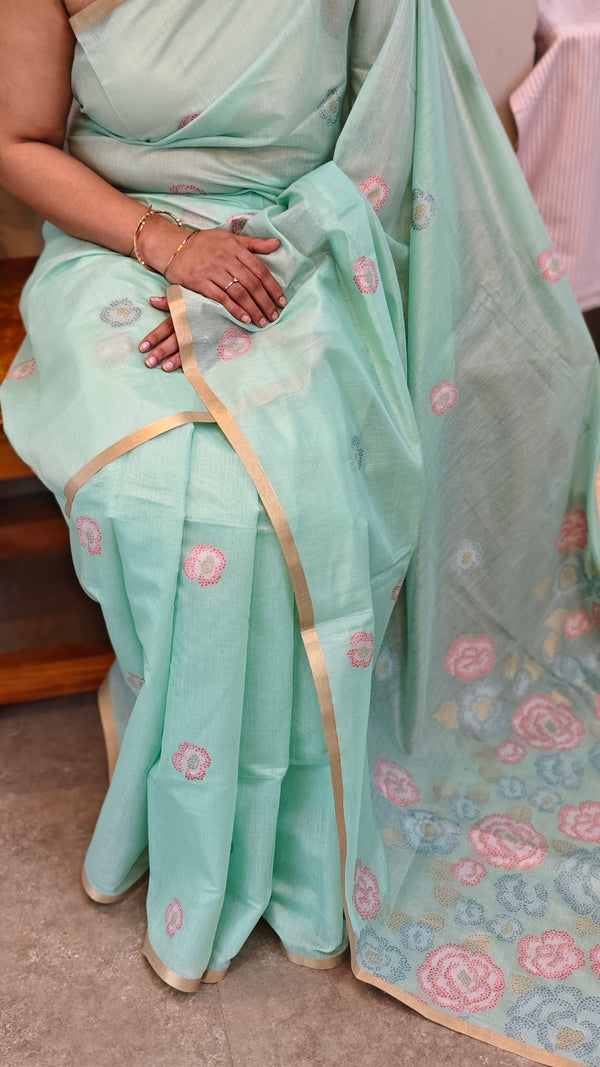 Teal green linen chanderi jamdani saree