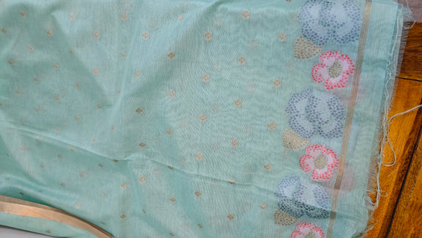 Teal green linen chanderi jamdani saree