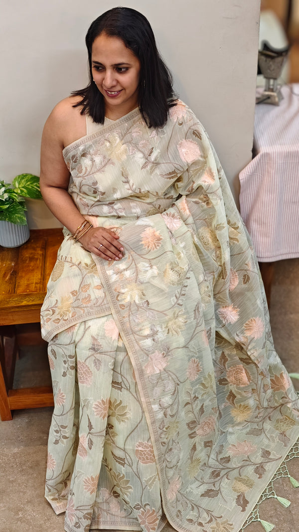 Pista green linen blend jamdani saree