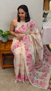 Cream and pink linen chanderi jamdani saree