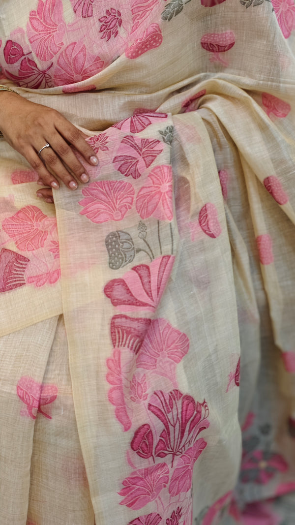 Cream and pink linen chanderi jamdani saree