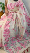 Cream and pink linen chanderi jamdani saree