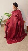 629 - Dark maroon tussar silk saree with cross stitch embroidery