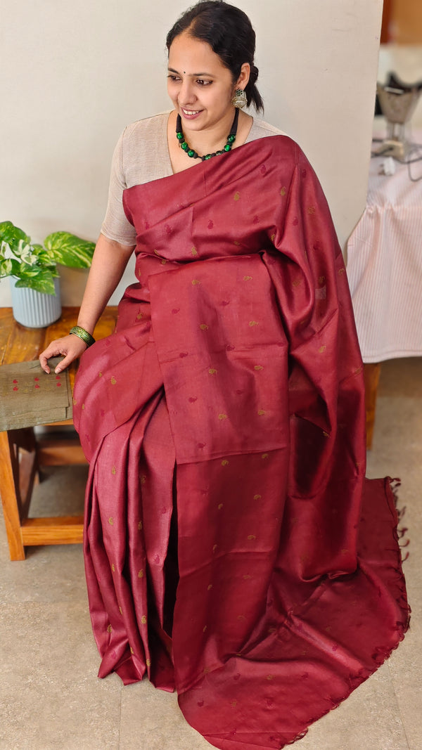 629 - Dark maroon tussar silk saree with cross stitch embroidery