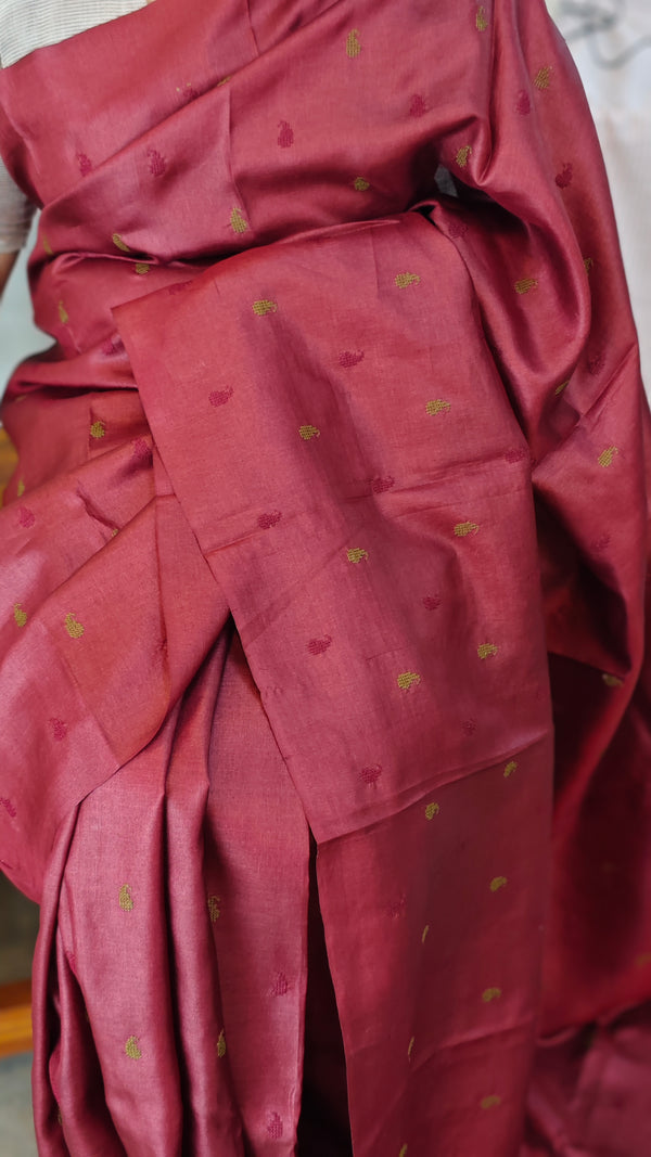 629 - Dark maroon tussar silk saree with cross stitch embroidery