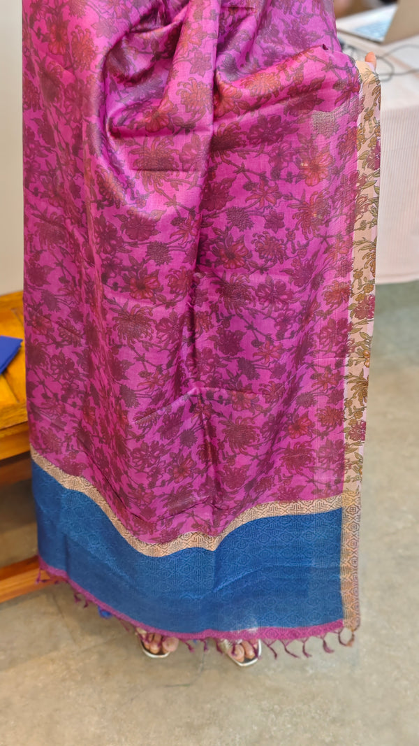 Blue and magenta printed tussar silk suit