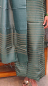 Dark green woven tussar silk suit