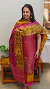 Pink and mustard printed tussar silk suit