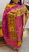 Pink and mustard printed tussar silk suit
