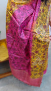 Pink and mustard printed tussar silk suit