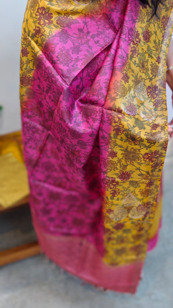 Pink and mustard printed tussar silk suit