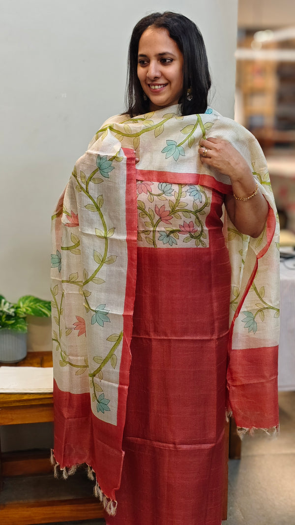 Brick red tussar silk suit with hand painting