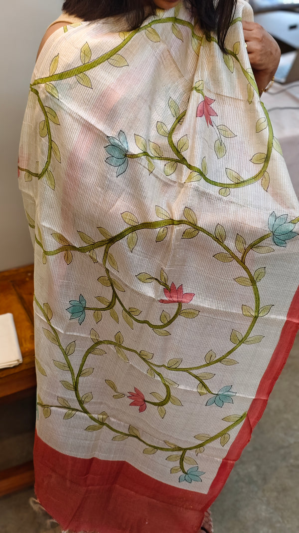 Brick red tussar silk suit with hand painting