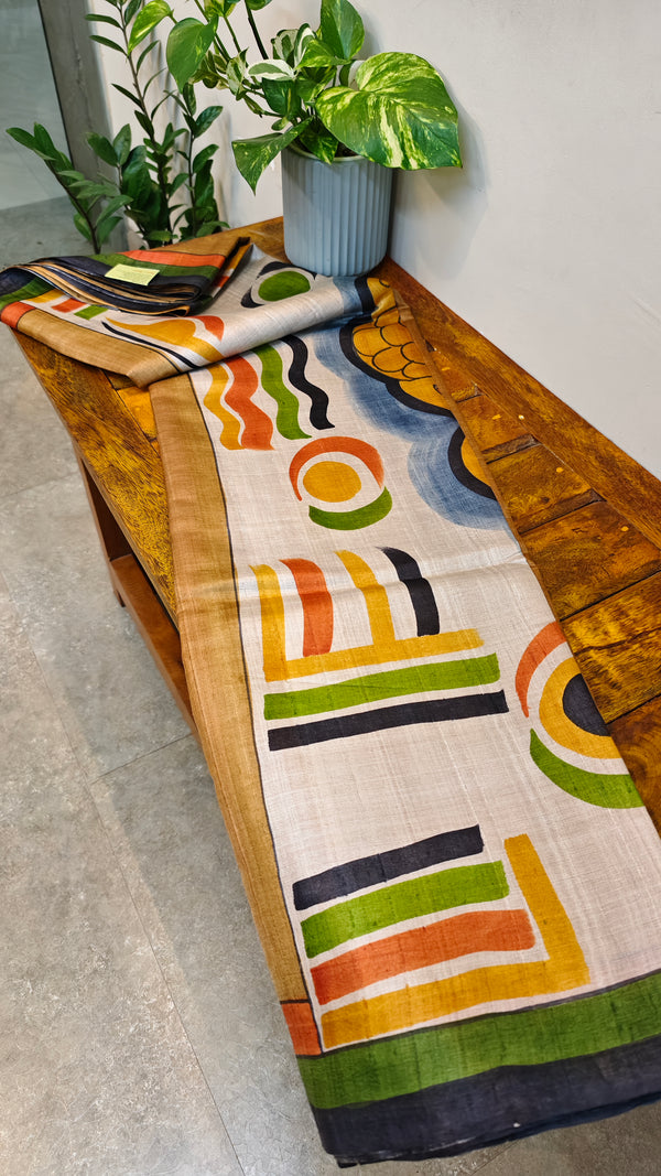 MJS853 - Golden beige painted tussar silk saree