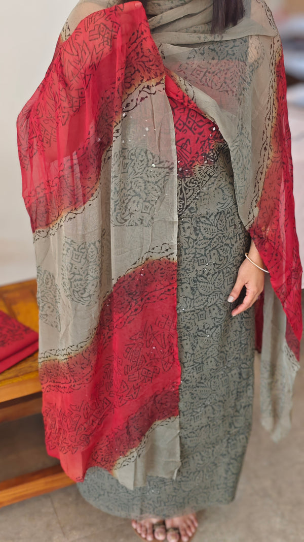 Smoky grey and maroon block printed suit