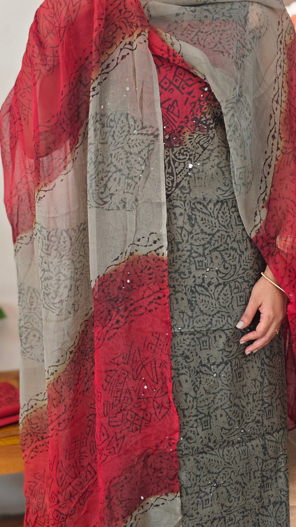 Smoky grey and maroon block printed suit