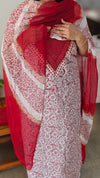 White and red block printed suit