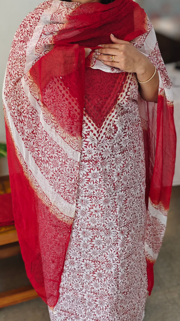 White and red block printed suit