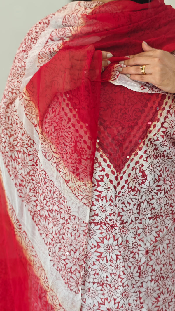 White and red block printed suit