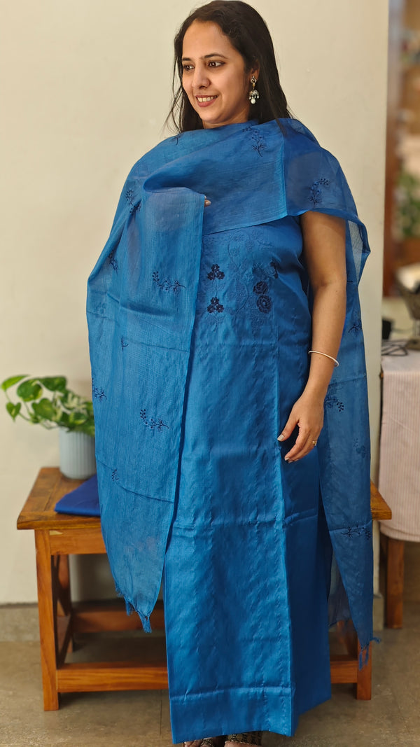 Azure blue embroidered tussar silk suit