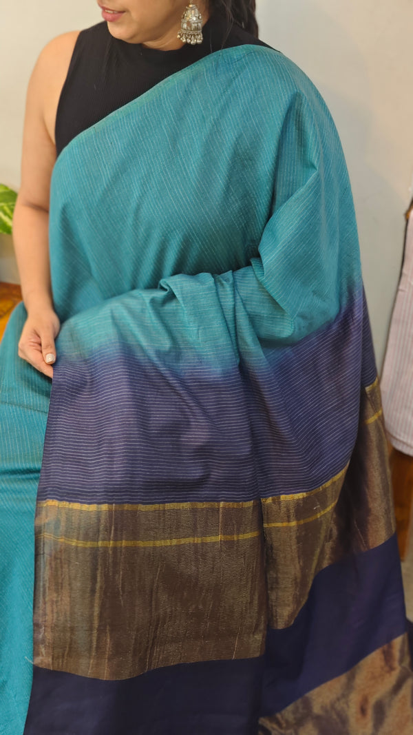 Turquoise and Navy blue Bhagalpuri silk saree