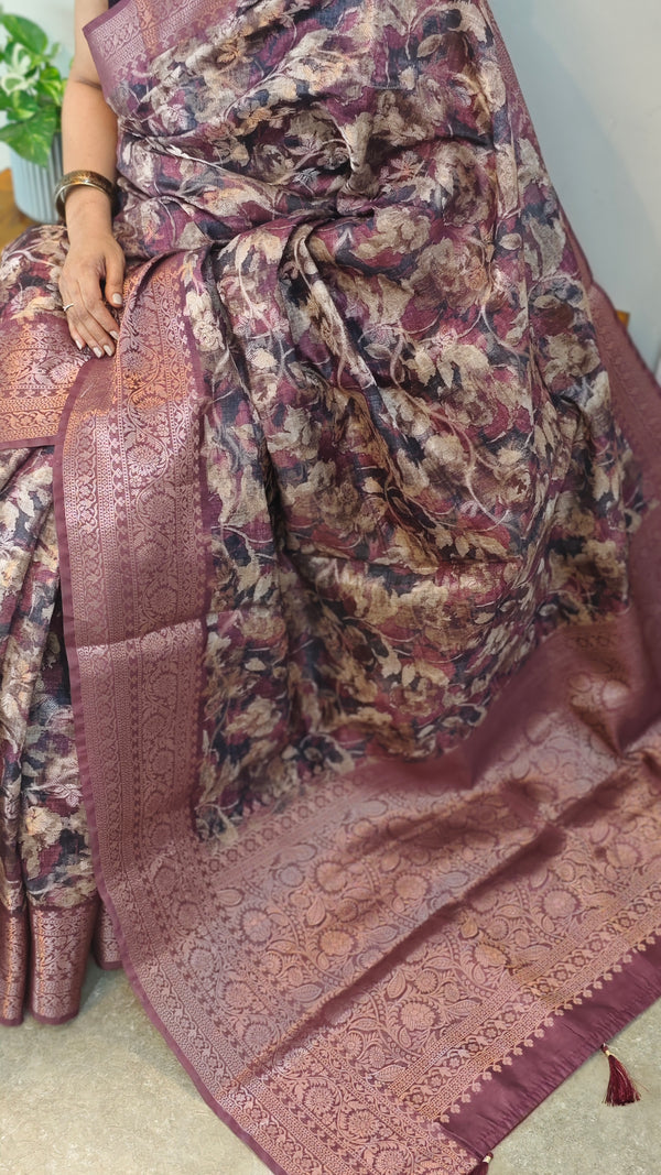Wine shade floral printed banarasi saree