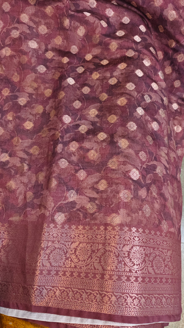 Wine shade floral printed banarasi saree