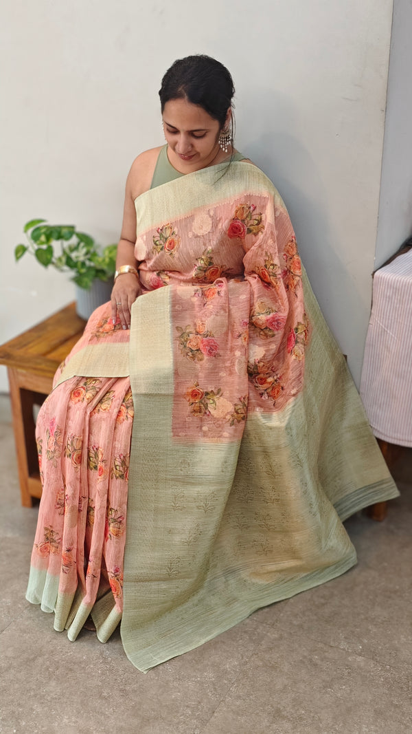 Peach and green printed banarasi saree