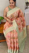 Peach and green printed banarasi saree