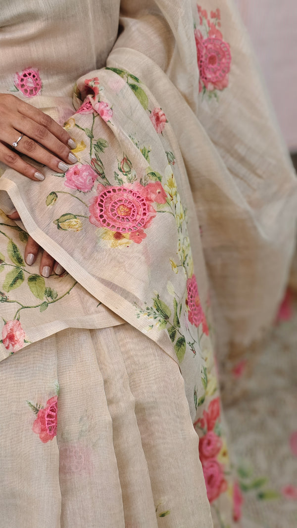 Sandy brown linen chanderi cutwork saree