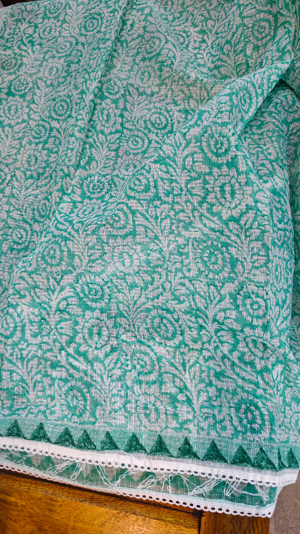 Mint green net kota saree with chikankari palla