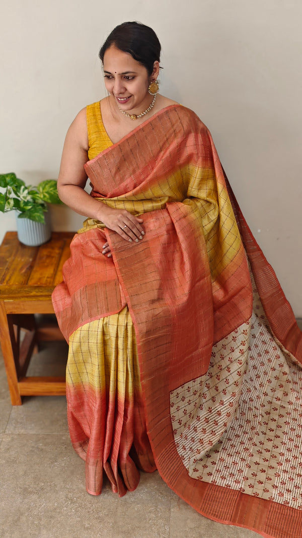 5799 - Peach and mustard checked tussar silk saree