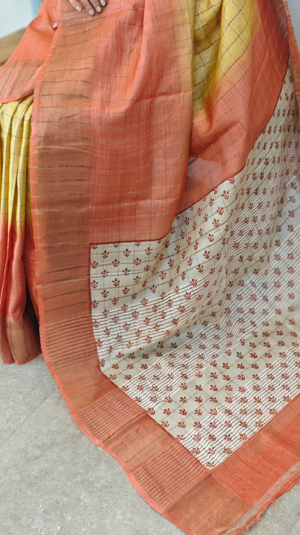 5799 - Peach and mustard checked tussar silk saree