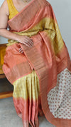 5799 - Peach and mustard checked tussar silk saree