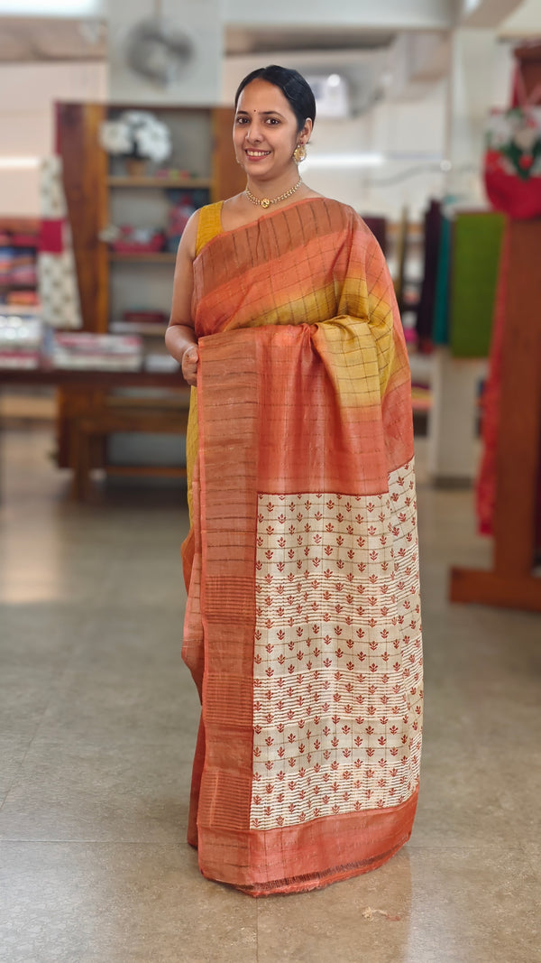 5799 - Peach and mustard checked tussar silk saree