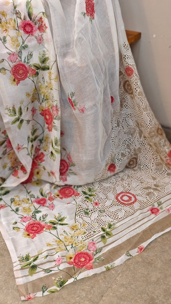 White floral cutwork saree