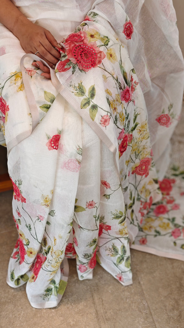 White floral cutwork saree