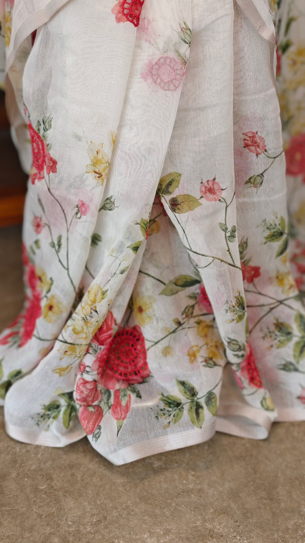 White floral cutwork saree