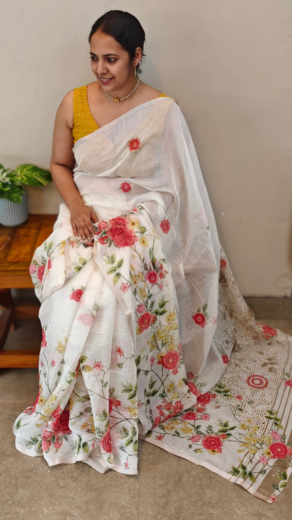 White floral cutwork saree