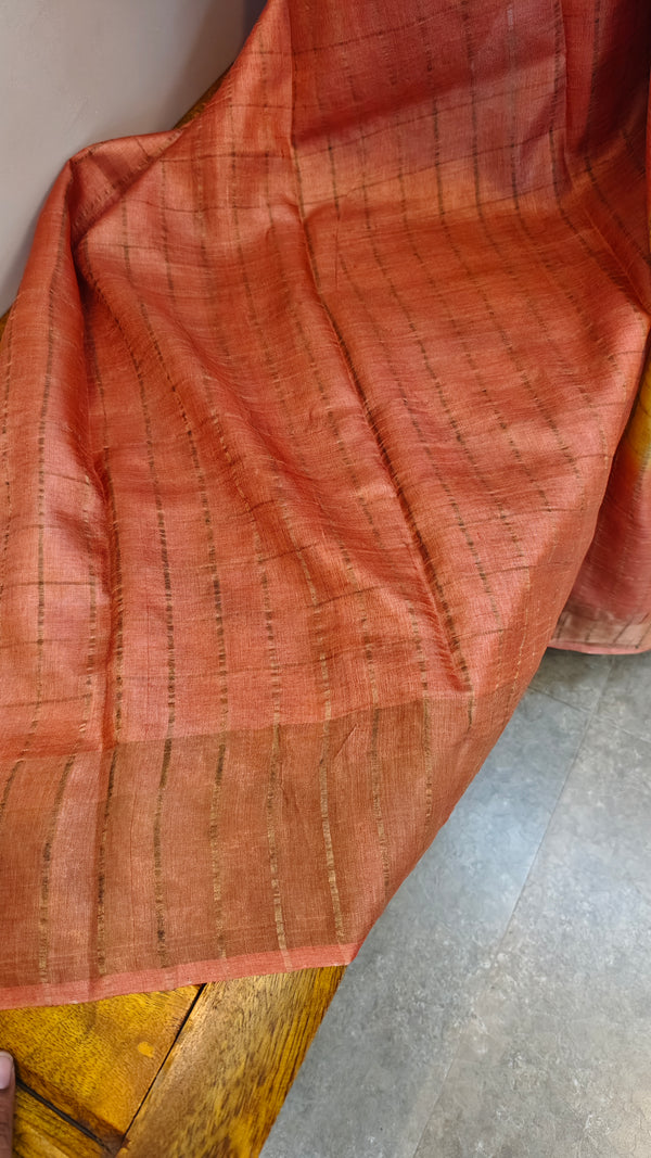 5799 - Peach and mustard checked tussar silk saree