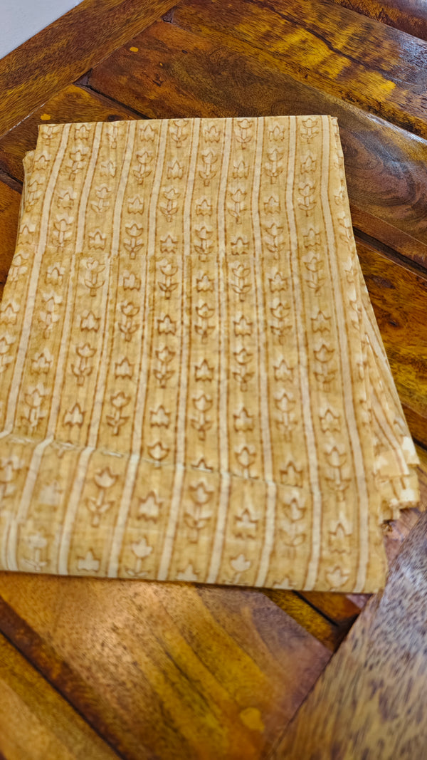 Yellow embroidered and block printed organza saree