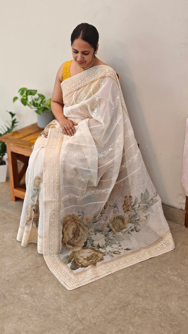 Off white net kota saree with digital prints