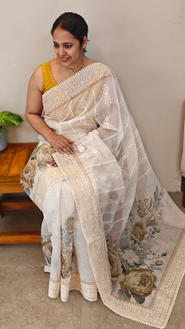 Off white net kota saree with digital prints