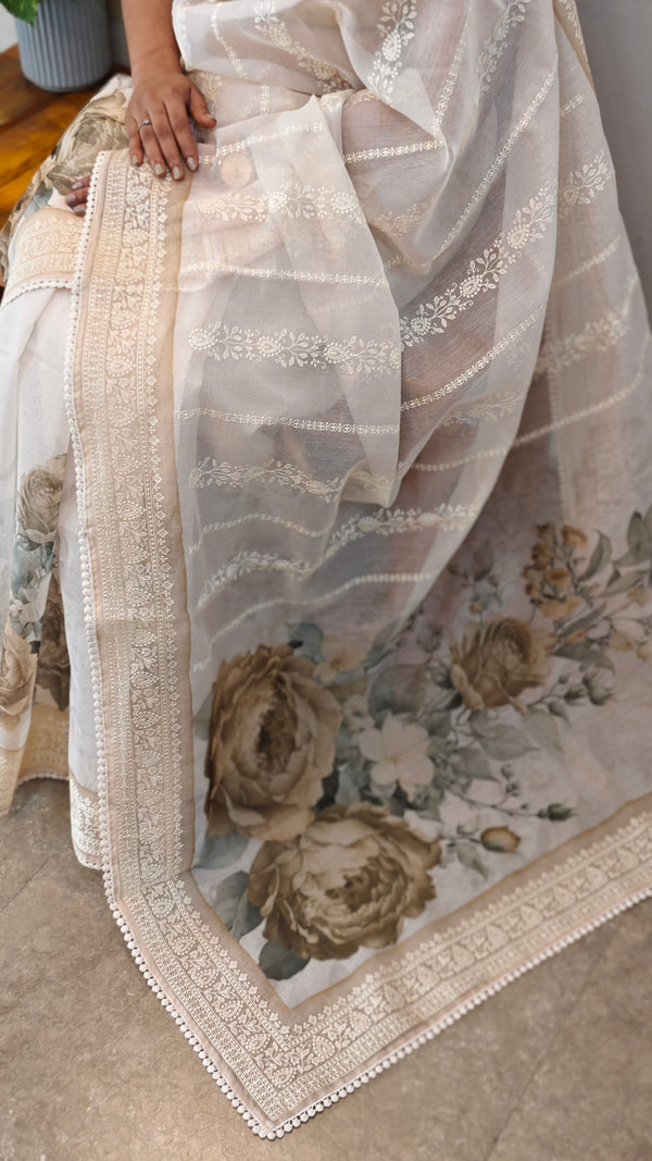 Off white net kota saree with digital prints