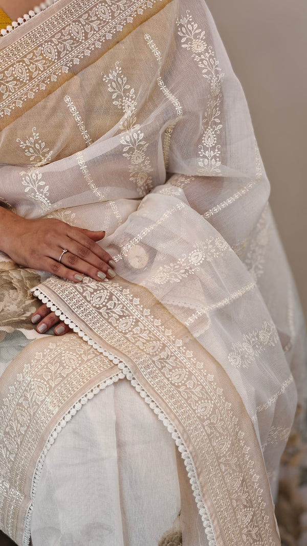 Off white net kota saree with digital prints
