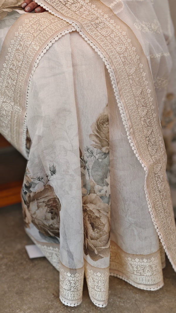 Off white net kota saree with digital prints